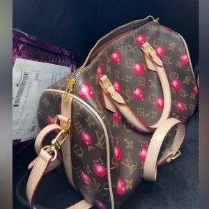 Chic Designer Brown Satchel with Cherry Accents